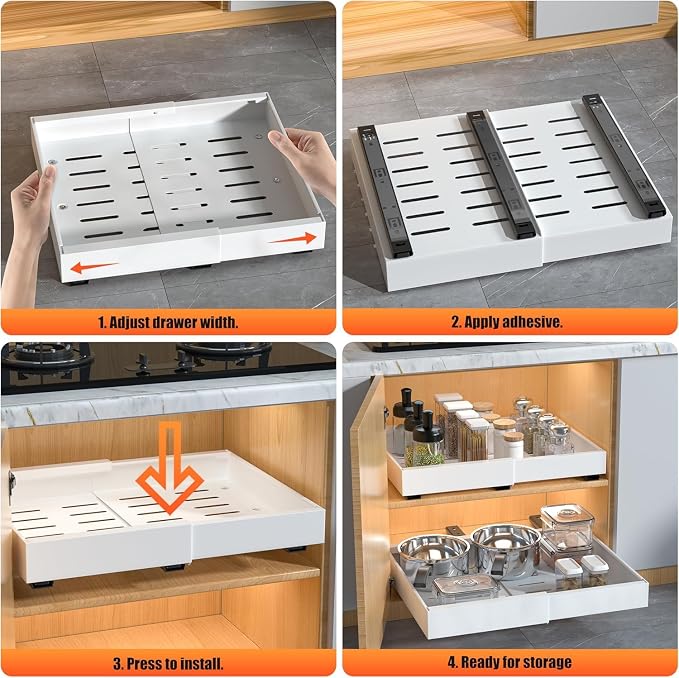 4 Pack Expandable Pull Out Cabinet Organizer | fixed by nano adhesive film, no drilling, heavy duty sliding drawer, suitable for kitchen, pantry cabinet storage