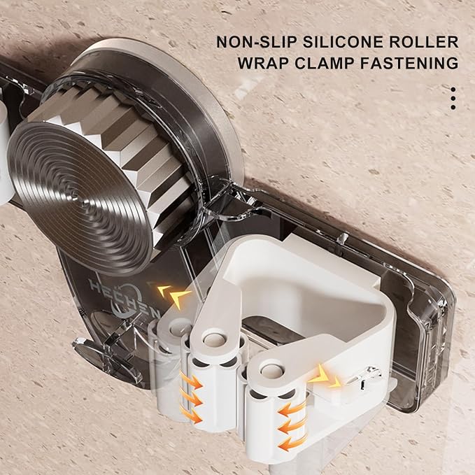 Suction Cup Mop Holder, No Drill Mop and Broom Rack Wall Mounted with Hooks and 2 Clips, Removable Broom Holder Mop Hanger for Bathroom, Kitchen, Office, Utility Room, Laundry, Garage (Clear)