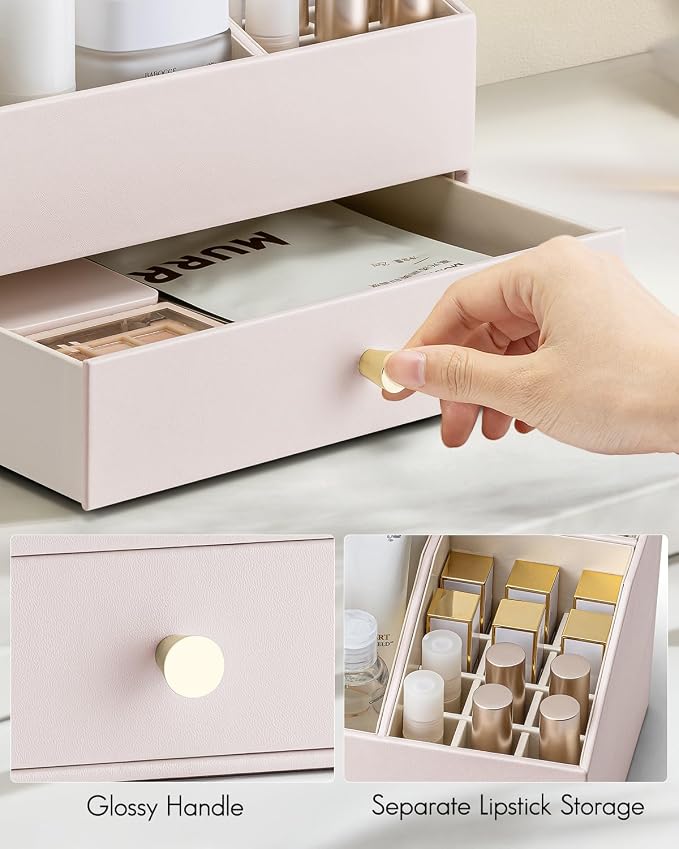VLANDO Makeup Organizer,Vanity Organizer with Drawers, PU Leather Skincare Organizer Perfume Organizer,Large Cosmetic Display Case for Lipstick,Brushes Gifts for Women-Apricot White