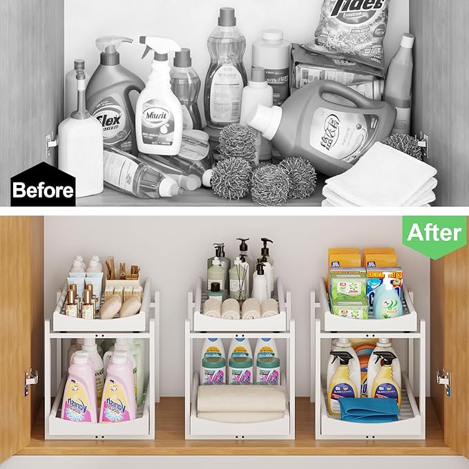Bamboo Under Sink Organizer and Storage, 2 Pack Pull Out Cabinet Organization, 2 Tier Vertical Slide Out Undersink Storage Shelf, Multi-Purpose Organizer Shelves for Kitchen Bathroom Medicine, White