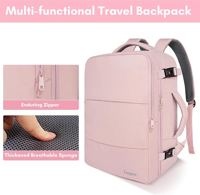 Taygeer Travel Backpack for Women, TSA Carry On Backpack Flight Approved | 15.6inch Laptop Mochila with Water Bottle Pocket & Shoe Pouch, Nurse Bag Casual Daypack for Weekender Business Hiking, Pink