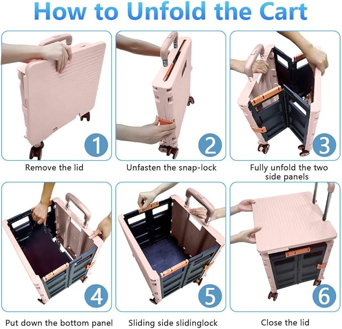 FELICON SELORSS Foldable Utility Cart Folding Portable Rolling Crate Handcart with Durable Heavy Duty Plastic Telescoping Handle Collapsible 4 Rotate Wheels for Travel Shop Move Luggage Office(Pink