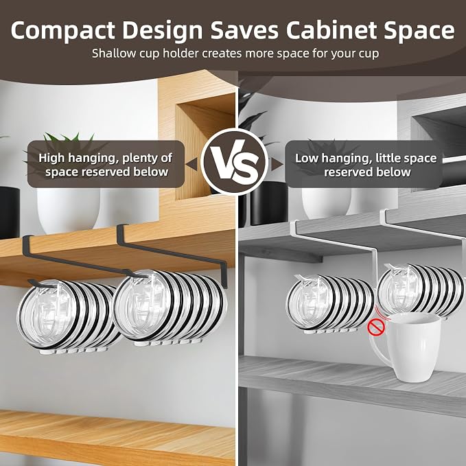 Tumbler Lid Organizer, 2 Pack Yeti Lid Organizer, Single Water Bottle Lid Organizer Holds Up to 12 Lids, More Space Saving Tumbler Lid Storage Holder, Stronger Under Cabinet Lid Holder Rack (Black 1)