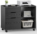 DUMOS File Cabinet with 3 Drawers, Wood Under Desk Storage Printer Stand | Rolling Lateral Filing Cabinet with Adjustable Shelves for Home Office Study Organization,Black