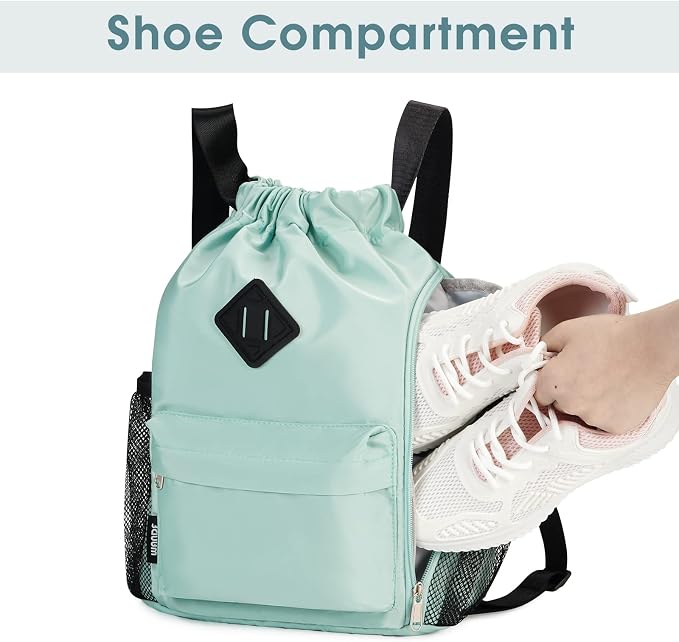 WANDF Drawstring Backpack with Shoe Compartment, Sports Gym Bag | Multi-Pocket Storage, Water-Resistant Fabric, Cinch String Bag
