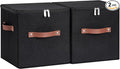 2PCS Storage Cubes with Zippered Lids Fabric Storage Bins Boxes | with 3 PU Leather Handles Cotton Linen Decorative Foldable Washable Lidded Shelf Closet Organizer Container (Black, 11 Inch)