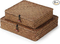 YANGQIHOME Set of 2 Seagrass Baskets with Lids, Rectangular Woven Storage Baskets, Natural Wicker Basket Boxes for Coffee Table, Shelf, Bathroom Counter & Closet Decor (Coffee, Set of 2)