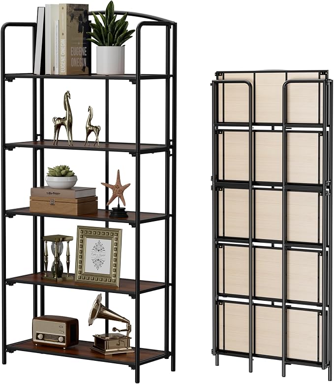 Crofy 5-Tier Wider Foldable Bookshelf, Black Frame & Walnut Shelves | Collapsible Portable Storage Organizer; Sturdy Walnut Finish Shelves; Ideal for Living Room & Home Office