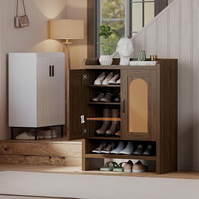 Mericonia 6-Tier Shoe Cabinet Storage for Entryway, Rattan Shoes Organizer Cabinets with Doors, Wooden Shoe Rack, Farmhouse Boho Wood Storage Cabinet (Walnut, 6-Tier)