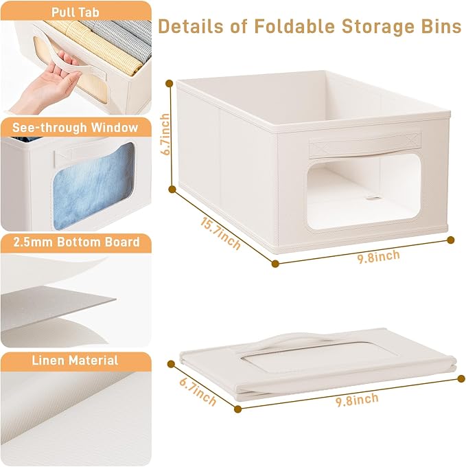 Linen Closet Organizers and Storage 6 Packs-Coset Storage Bins with Clear Windows,Closet Baskets for Organizing Clothes, Pants, Towels