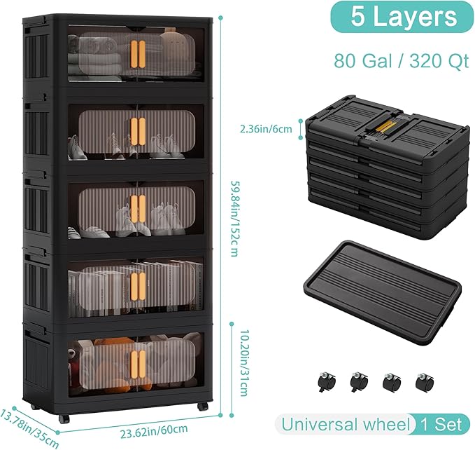 Foldable Storage Cabinet，Plastic Cabinet，Stackable Storage Bins， Open Front with Magnetic Door and Wheels (Extra Large-5Tiers)