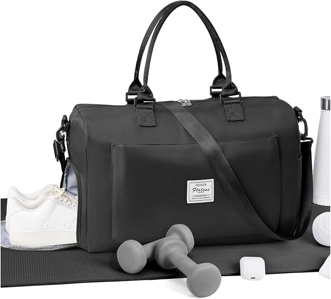 Gym Bag for Women Men Duffle Bags for Travel with Shoe Compartment Shoulder Weekender Overnight Carry on Tote Bags for Airplane Beach Bag Workout Yoga Sport Swimming Black