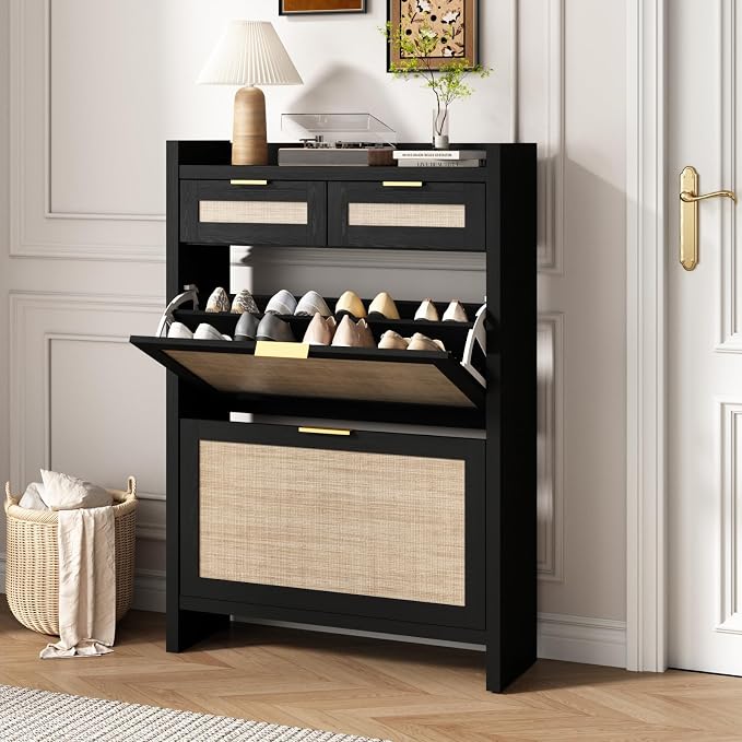 HOKYHOKY Rattan Shoe Storage Cabinet with 2 Drawers & 2 Flip Drawers – Hidden Slim Shoe Organizer for Entryway, Large Tabletop Space, Farmhouse Boho Narrow Shoe Rack, Rustic Black