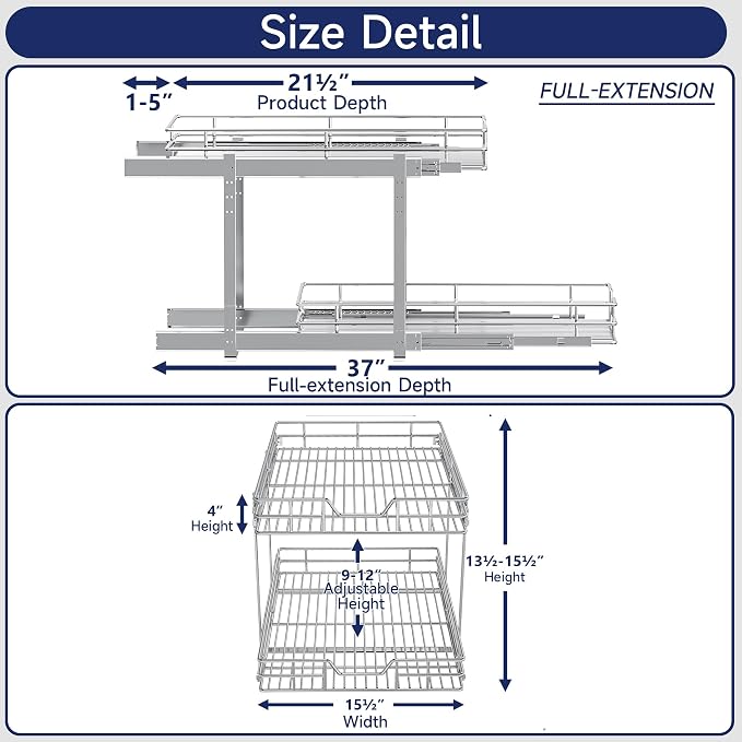 2-Tier Pull Out Cabinet Organizer, 15.5" W x 21.5" D, Heavy Duty Dual Slide Out Shelves for Base Cabinets, Chrome Wire Basket Drawer for Pantry, Kitchen & Bathroom Storage