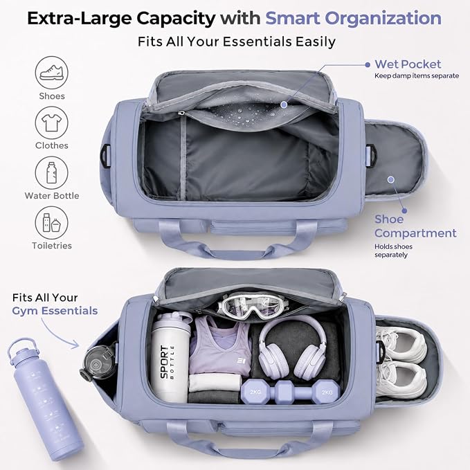FIORETTO Women's Gym Duffle Bag with Shoes Compartment, 30L Capacity, Ideal for Travel, Gym, Sports, Duffel, Weekender