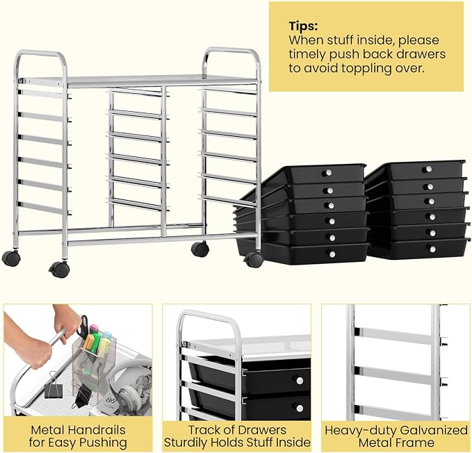 LDAILY 12 Drawer Rolling Storage Cart, Craft Cart Organizer on Wheels w/Metal Frame, Large Capacity & Smooth Drawer, Rolling Cart w/Drawers for Classroom, Office