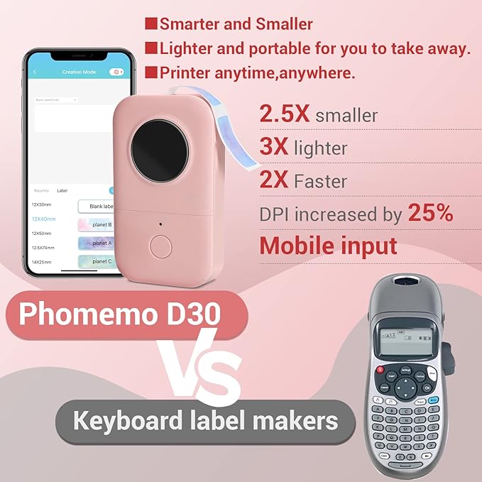 Phomemo D30 Label Maker Machine with Tape 3 Roll Adhesive Label, Bluetooth Mini Label Printer Thermal Wireless Small Labeler Machine for Home, Office Organization,Pink
