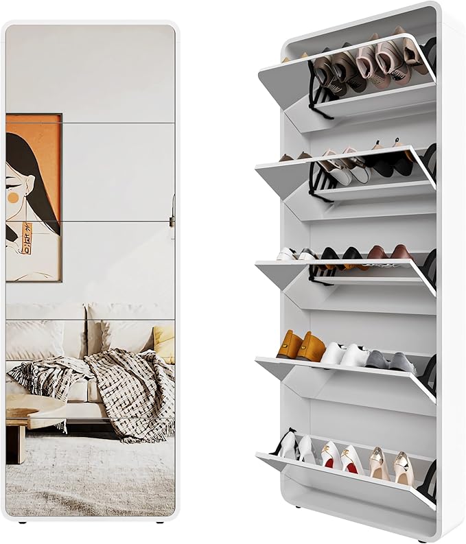 Mirror Shoe Storage Cabinet with 5 Flip Drawers, Freestanding Shoe Rack Cabinet, Narrow Hidden Shoe Organizer for Entryway, White | Real Glass Mirror | Fits Men's Size 15 | Entryway Organizer | Narrow Freestanding | Space-Saving | White