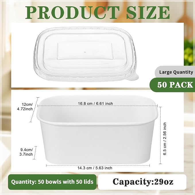 Maxdot 50 Pack 29 oz Disposable Food Containers with Lids Paper Food Containers Bowls for Meal Prep, Salad, Ice Cream, Yogurt, Soup Bowls Party Leftover Box