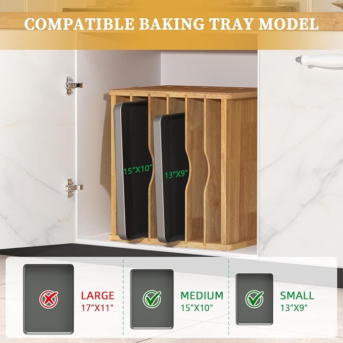 6 Tier Rubber Wood Tray Dividers for Cabinets, Heavy Weight Kitchen Vertical Tray Divider Organizer, Storing pans, Baking trays, Cutting Board(16.73" W x 14.13" H x 12.4" D)
