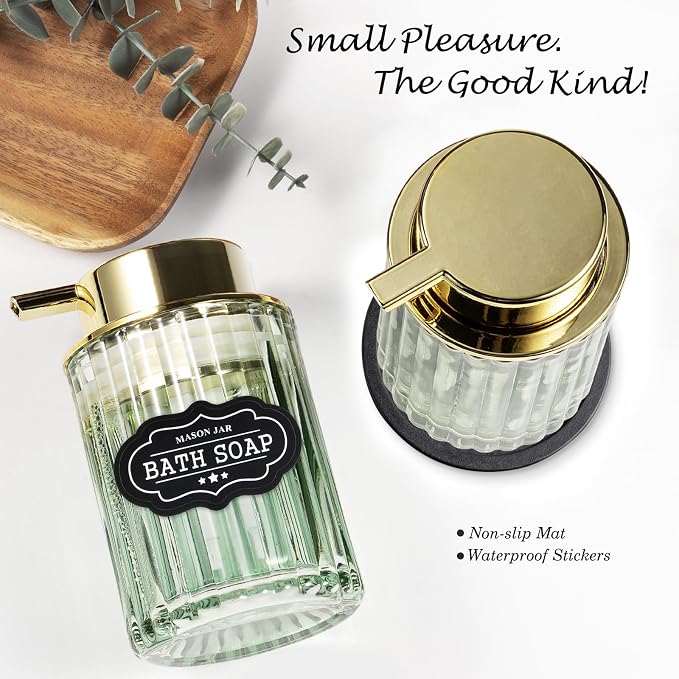 Amolliar Foaming Soap Dispenser, 8OZ Green Glass Soap Dispenser with Plastic Pump, Refillable Hand Soap Dispenser for Bathroom, Kitchen, Shower, Lotion, Dish Soap Dispenser, Home Decor, Gold 1 Pack