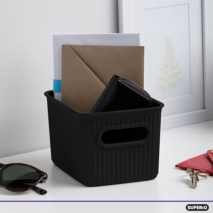 Superio Ribbed Collection - Decorative Plastic Basket Open Home Storage Bins Organizer, Small Brown (4 Pack) Container Boxes for Organizing Closet Storage Bins for Shelves Drawer Shelf 1.5 Liter