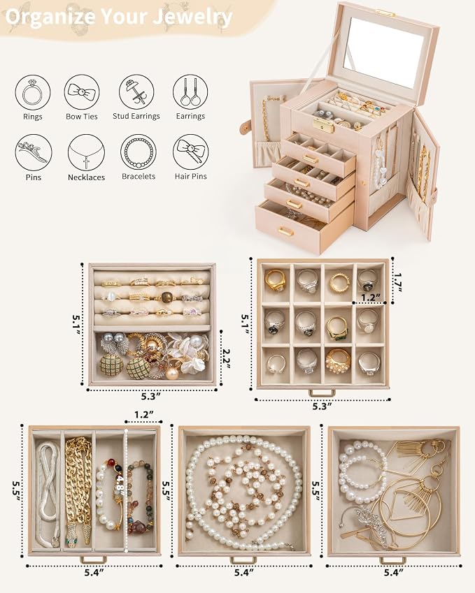 AKOZLIN 5-Tier Jewelry Box Leather Jewelry Storage Organizer with 4 Drawers Lockable for Women Girls Ring Necklace Earring Bracelet Watches Holder with Mirror Champagne
