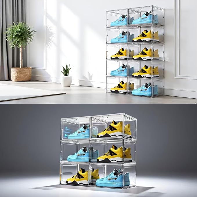 XL Shoe Storage Box,8 Pack Drop Side Shoe Boxes Clear Plastic Stackable,Sneaker Display Case with Magnetic Door Fit up to US 13（13.4”x 10.6”x 8.3”(8 Pack Clear)