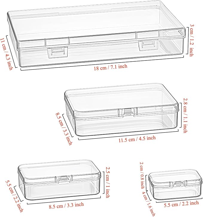 24 Pieces Mixed Sizes Rectangular Empty Mini Clear Plastic Organizer Box | Hinged Lids, For Small Items, Craft Projects