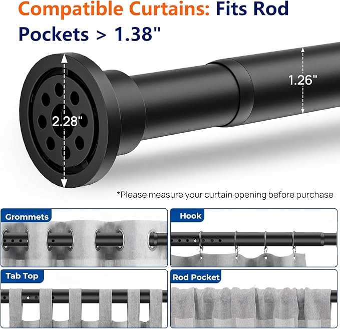 ALLZONE Tension Curtain Rod for Windows, 123 to 160 Inch, Heavy Duty Extra Long Curtain Rods, Non-Slip Bathroom Shower Tension Rod, Renter Friendly, Adjustable, Spring Loaded, Black