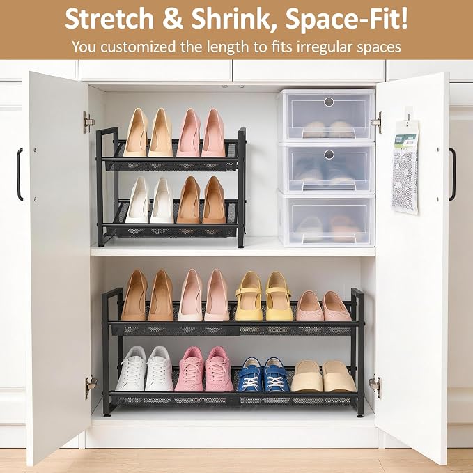 Expandable Shoe Rack, 2 Tier Adjustable Mesh Shoe Organizer for Entryway | Flat & Slant Dual Use Design, Sturdy Metal Mesh Shoe Shelf for High Heels, Stackable Shoe Storage Holder for Cloest, Garage