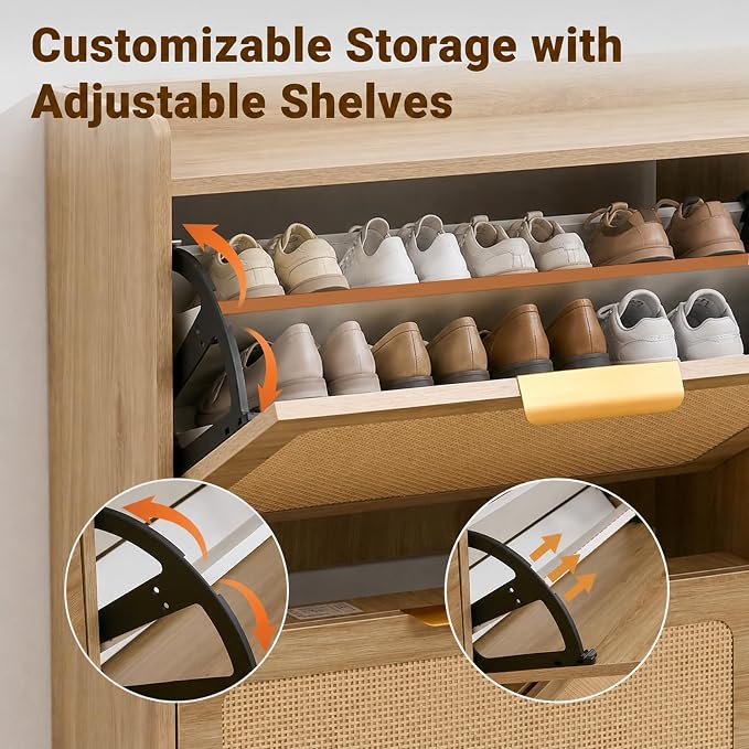 Shoe Storage Cabinet for Entryway, Slim Freestanding Rattan Shoe Cabinet with 3 Flip Drawers, Hidden Shoe Organizer Cabinet, Narrow Shoe Rack, Farmhouse Design