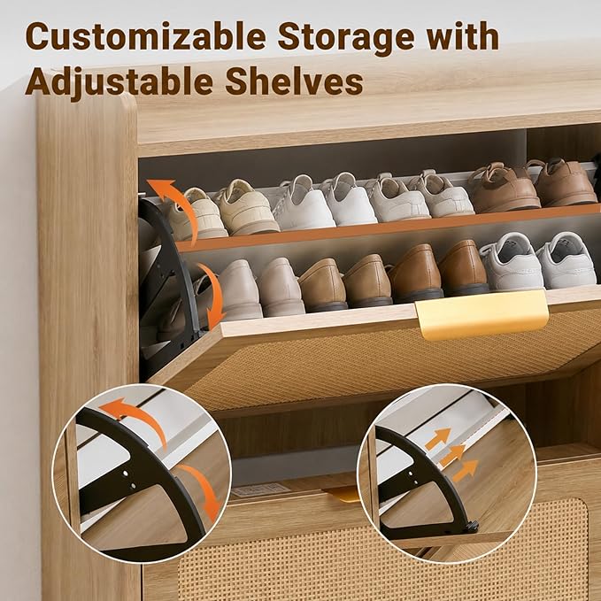 Shoe Storage Cabinet for Entryway, Slim Freestanding Rattan Shoe Cabinet with 3 Flip Drawers, Hidden Shoe Organizer Cabinet, Narrow Shoe Rack , Farmhouse Design (2 Flip Drawer - Breathe Rattan)