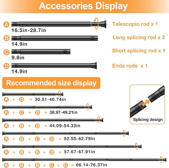 Tension Curtain Rod 30-76Inch Black Tension Rod for Windows Shower Curtain Rods No Drilling Spring Adjustable Curtain Rods for Windows,Doorway,Bathroom,Closet,7/8" Diameter