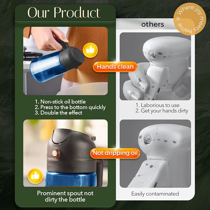 YARRAMATE 16oz/470ml Light-Blocking Dark Oil Sprayer for Cooking, 2 in 1 Olive Oil Dispenser Bottle for Kitchen, Premium Blue Glass Oil Bottle, Food-Grade Oil Mister for Air Fryer, BBQ (Black)