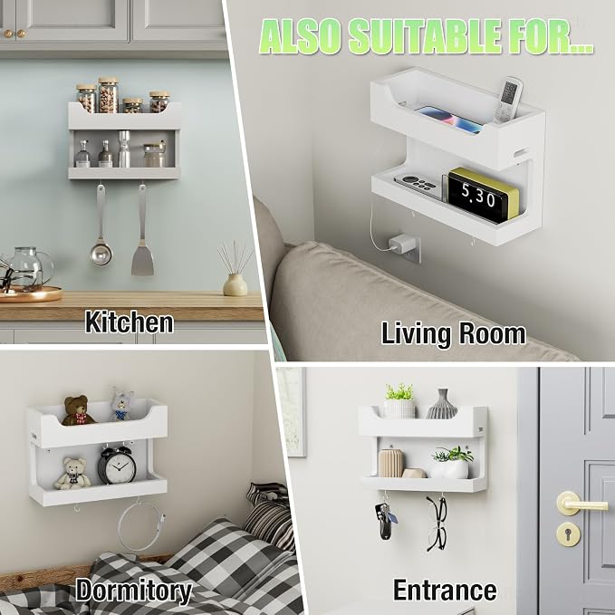 NiHome Bedside Wall Shelf, Wood Organizer, Magnetic Hooks, 2 Tier, White | Double Layer Tray For Dorm Bedroom, Cable Holes, No Drill Mount RV Wall Caddy, Holds Phone Glasses Remote Clock