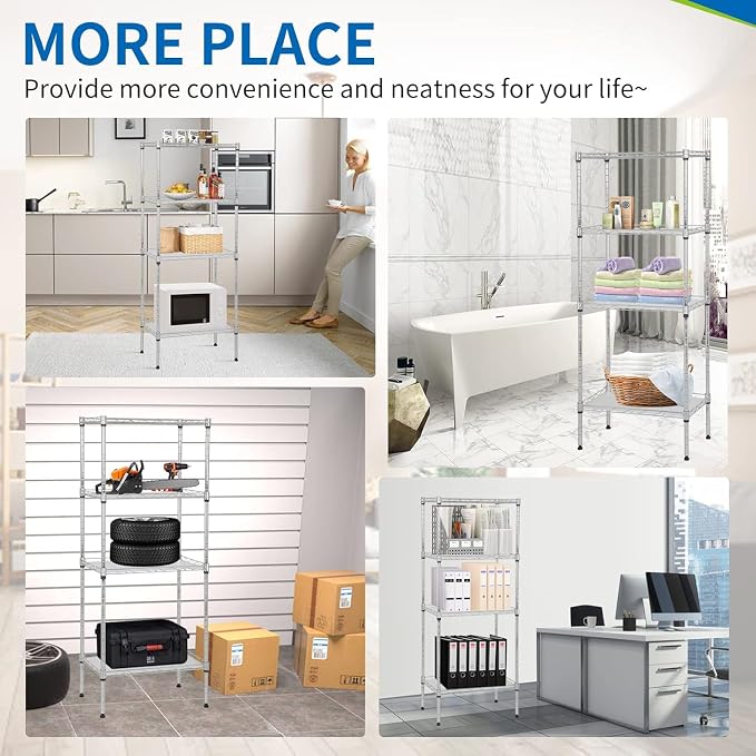 Meet perfect 4-Tier Wire Shelving Unit with 4 PP Liners, 18" W x 12" D x 44" H Heavy Duty Metal Shelf, 600Lbs Capacity Adjustable Storage Rack for Pantry, Laundry Room, Bathroom, Kitchen