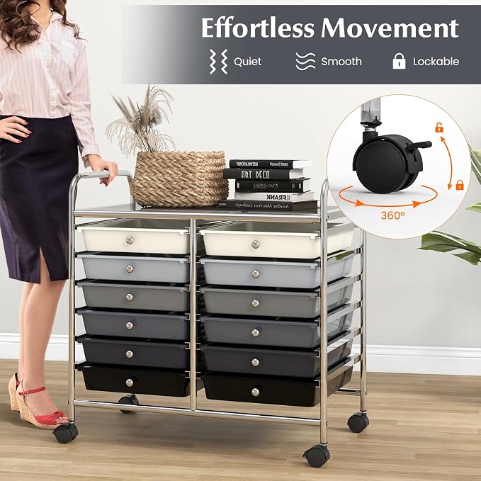 LDAILY 12 Drawer Rolling Storage Cart, Craft Cart Organizer on Wheels w/Metal Frame, Large Capacity & Smooth Drawer, Rolling Cart w/Drawers for Classroom, Office