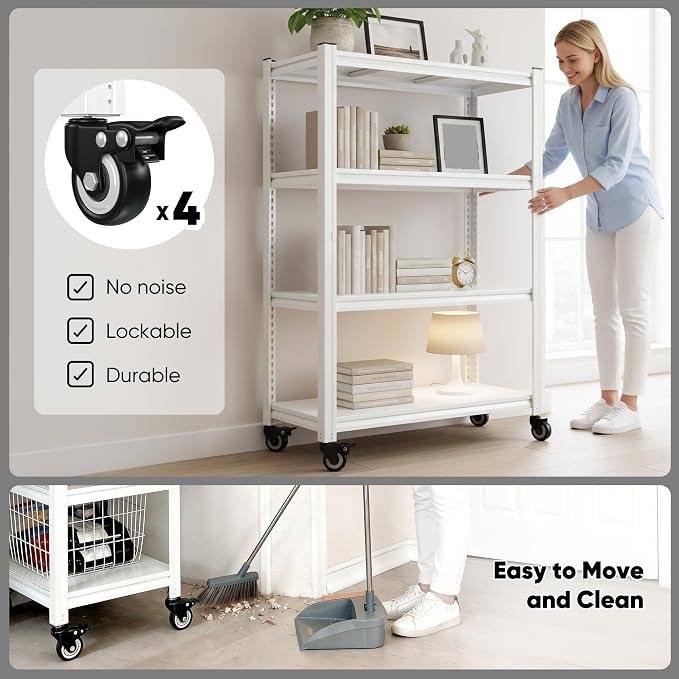 REIBII Adjustable Rolling Storage Shelve for Kitchen Pantry Closet Boutique | 2080 LBS capacity,59.8" H x 31.5" W x 16.5" D,4 Tier,White,Solid metal panels,360°wheels with lock,Boltless 10min assembly