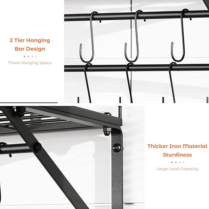 OROPY 31" Pot Rack Wall Mounted, Pot Organizer with 2 Tier Hanging Rails | Heavy Duty Pot and Pan Organizer with Storage Shelf & 12 S Hooks, Space Saving Hanging Pot Rack
