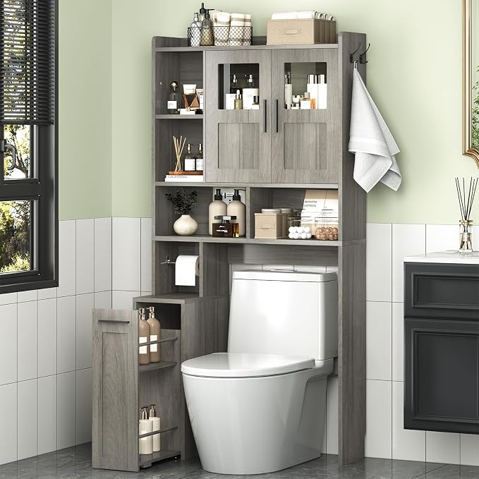 ELYKEN Over The Toilet Storage Cabinet with Pulley Bathroom Storage Cabinet, Home Space-Saving Over Toilet Rack with Glass Doors & Adjustable Open Shelf for Bathroom, Restroom, Laundry, Grey