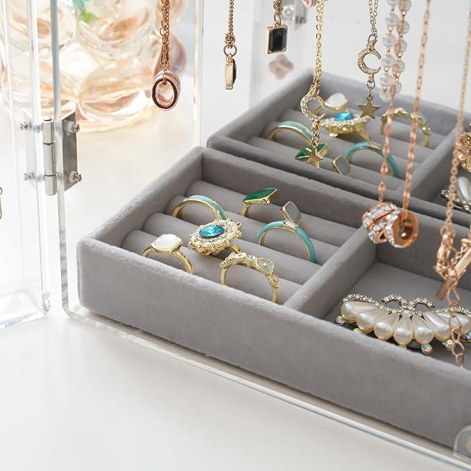 Lolalet Necklace Holder Organizer, Acrylic Jewelry Organizer with 24 Hooks, Rotating Clear Necklaces Display Box with Built-in Mirror, Dust-proof Jewelry Storage Case with Velvet Tray -Clearmirror