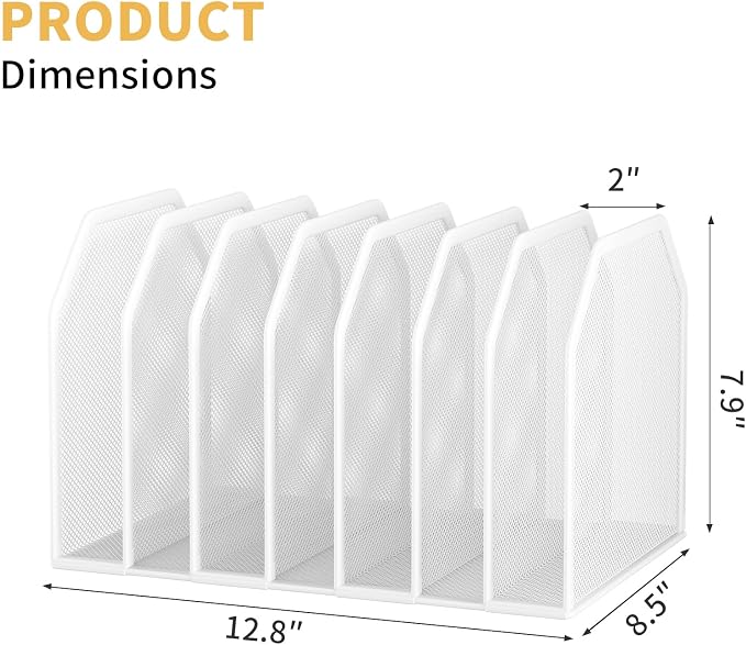 FANXIYQ White 7-Section File Folder Organizer for Desk, Metal Vertical File Holder Stand, Desktop File Organizer Rack for Letter/A4 Folders, Papers, Books, Office Classroom Home
