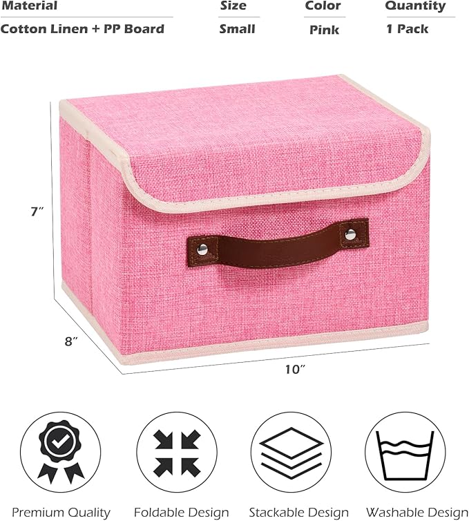 Storage Boxes with Lid Cotton Linen Fabric Storage Bins Organizer Container Decorative Collapsible Washable Shelf Baskets Faux Leather Handles for Home Bedroom Closet (Pink, Small)