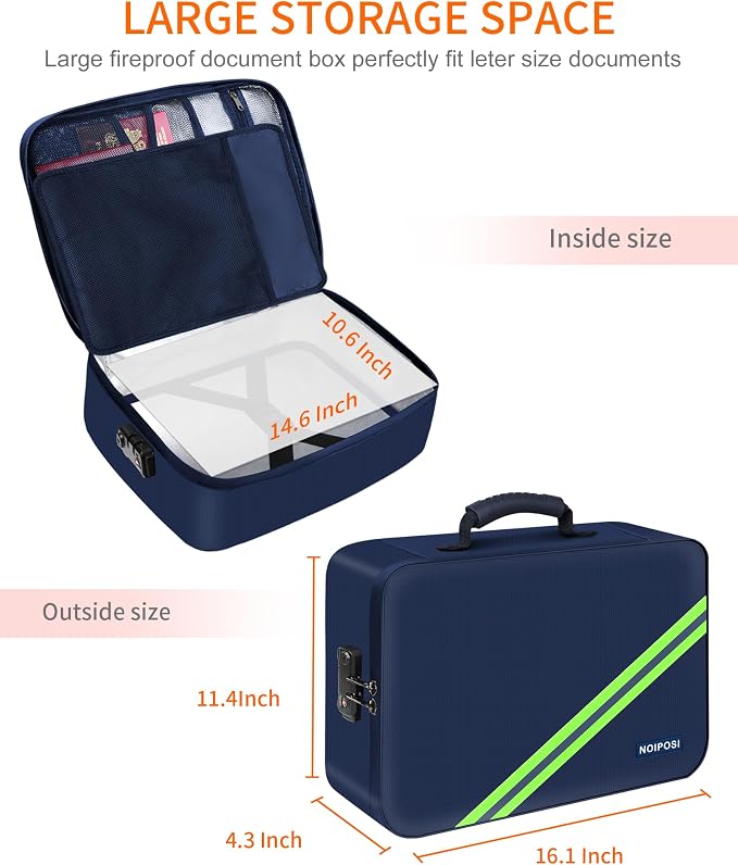 Noiposi 5200℉ Fireproof Document Box with Lock 16.1"x11.4"x4.3" | Portable ,Home ,Travel Water Resistant Document Storage Organizer with for Important Documents and File ,Blue