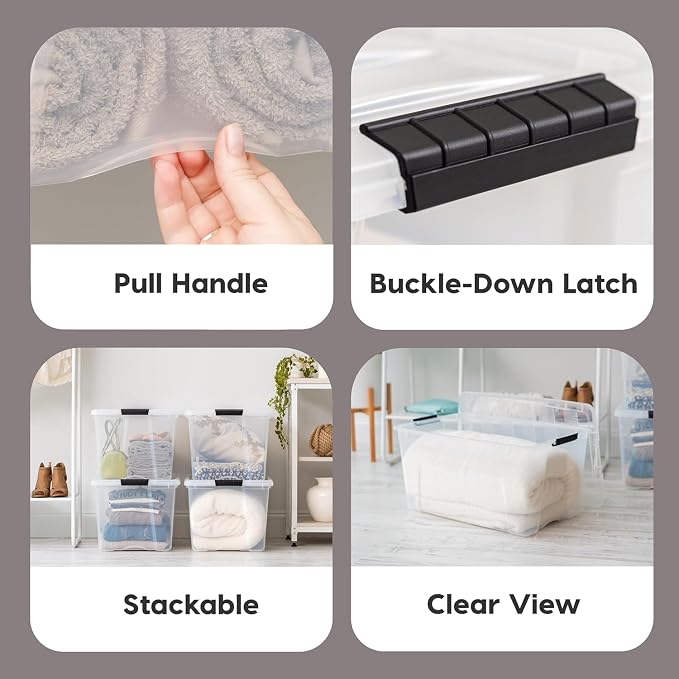 IRIS USA 94 Qt Stackable Plastic Storage Bins with Lids, 2 Pack - BPA-Free, Made in USA - See-Through Organizing Solution, Latches, Durable Nestable Containers, Secure Pull Handle - Clear