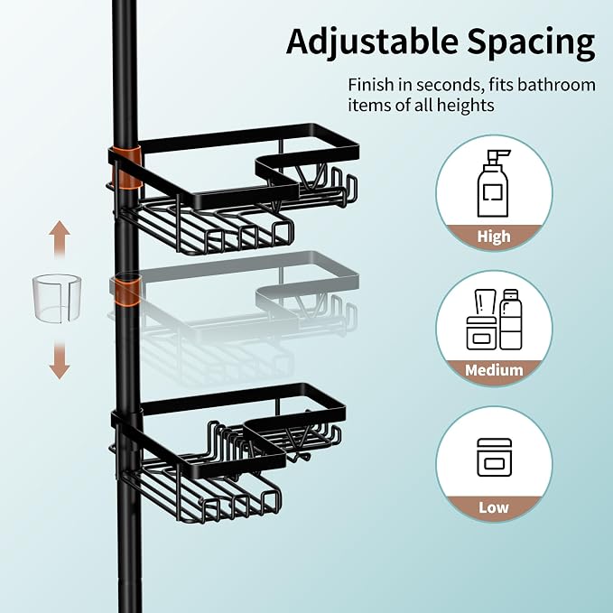 KEGII Corner Shower Caddy Tension Pole with Toothbrush Holder | Adjustable Shower Organizer with Soap Holder and Hooks, No Drilling Rustproof Bathroom Shelf Storage Rack, Fits 25-114.2 Inch