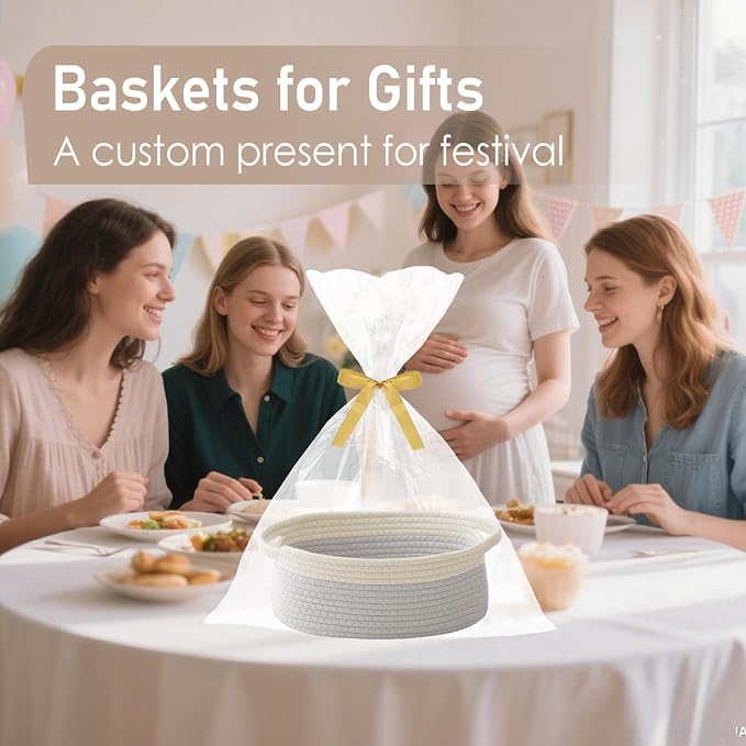 JMvicyroam Woven Basket,Small Rope Storage Bin with Handles & Ribbon Bag, Organizer for Shelves Closets,Gift Basket Empty for Birthday,Books,Dog Toys, White&Grey/3 Pack