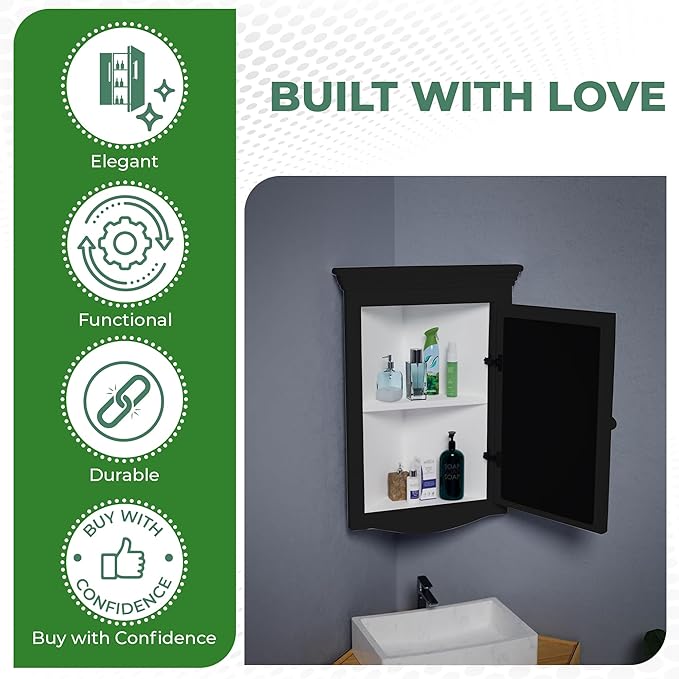 Renovators Supply Manufacturing Black Medicine Cabinets 27 1/8 in. X 20 1/8 in. Wooden Corner Bathroom Wall Medicine Cabinet with Recessed Mirror and Mounting Hardware