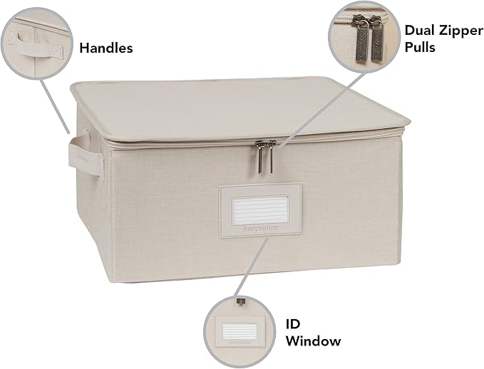 Covermates Keepsakes Zip-Top Storage Box Set, 3 Pack Heavy Duty Polyester Organizer Bins, Stackable Design, ID Window, Reinforced Handles, Closet Home Storage, Beige Heather